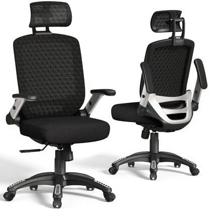 GABRYLLY Ergonomic Office Chair, High Back Mesh Desk Chair with Adjustable Headrest, Flip-Up Arms, Tilt Lock Function, Lumbar Support and Comfy Seat, Swivel Computer Task Chair