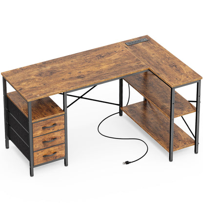 L Shaped Corner Desk with Power Outlets Drawer Shelf Reversible Home Office Computer Desk