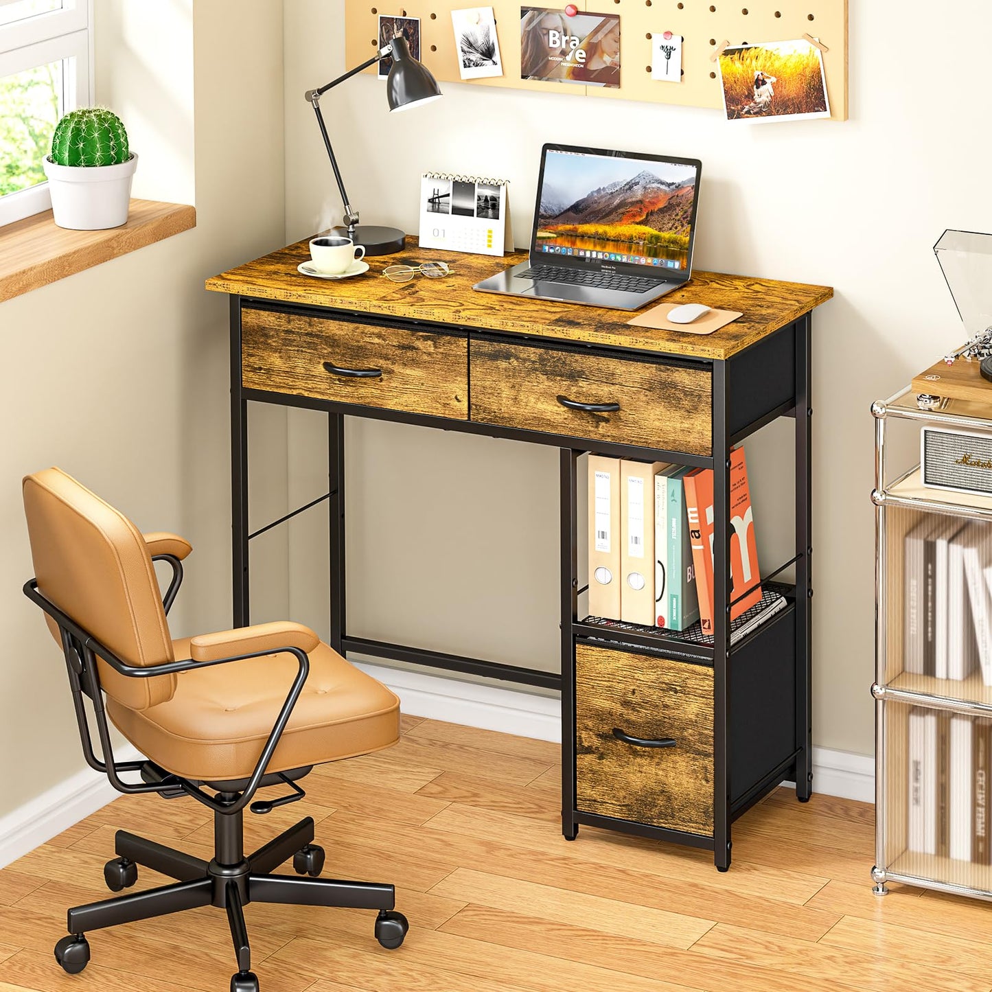 Small Computer Desk with Fabric Drawers Storage Shelf Compact Home Office Study Desk Rustic Brown