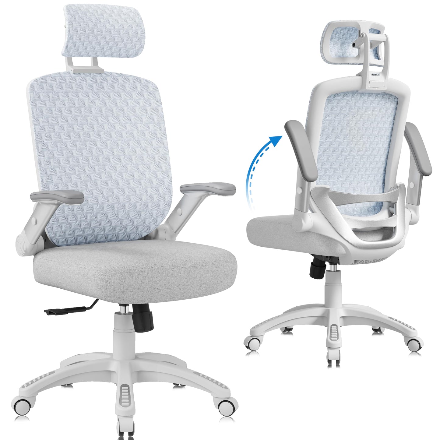 GABRYLLY Ergonomic Office Chair, High Back Mesh Desk Chair with Adjustable Headrest, Flip-Up Arms, Tilt Lock Function, Lumbar Support and Comfy Seat, Swivel Computer Task Chair