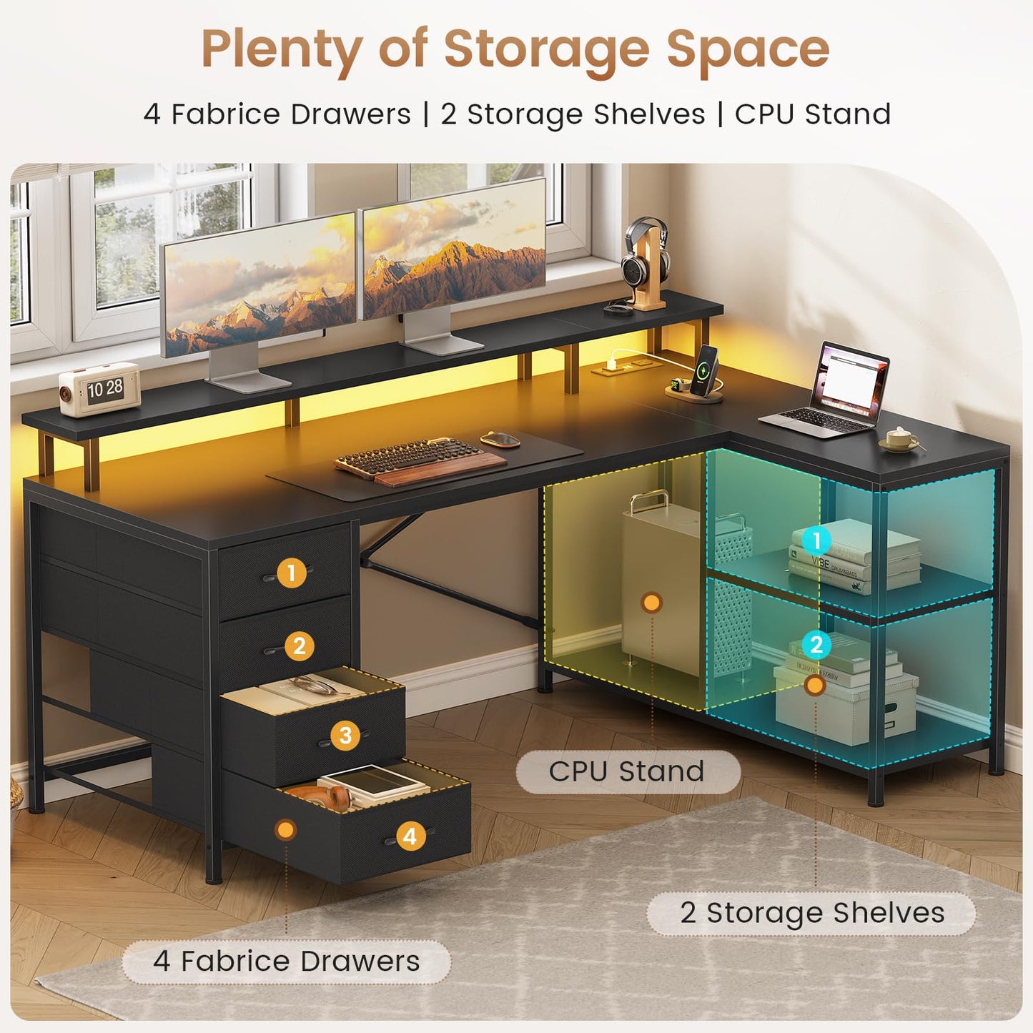 L Shaped Gaming Desk with Storage Drawers LED Lights Power Outlets Corner Home Office Desk Shelves