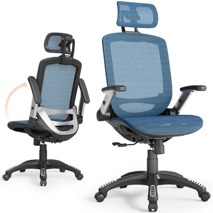 GABRYLLY Ergonomic Office Chair, High Back Mesh Desk Chair with Adjustable Headrest, Flip-Up Arms, Tilt Lock Function, Lumbar Support and Comfy Seat, Swivel Computer Task Chair