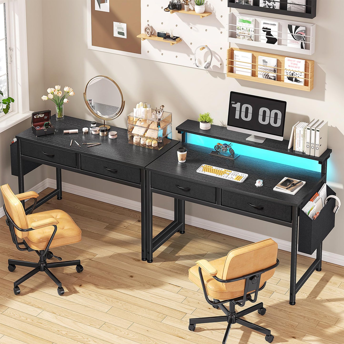 DurayLoly Computer Desk with 2 Drawers & LED Lights