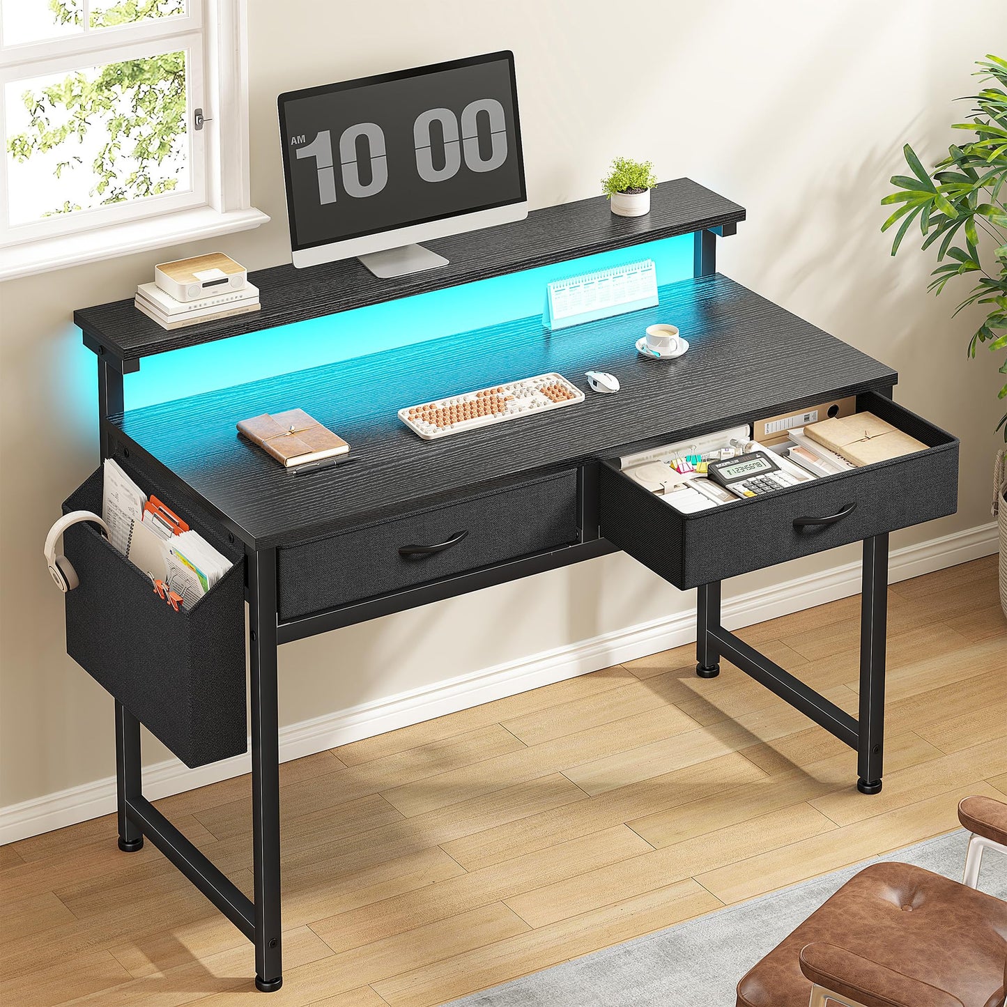 DurayLoly Computer Desk with 2 Drawers & LED Lights