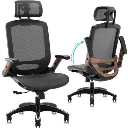 GABRYLLY Ergonomic Office Chair, High Back Mesh Desk Chair with Adjustable Headrest, Flip-Up Arms, Tilt Lock Function, Lumbar Support and Comfy Seat, Swivel Computer Task Chair