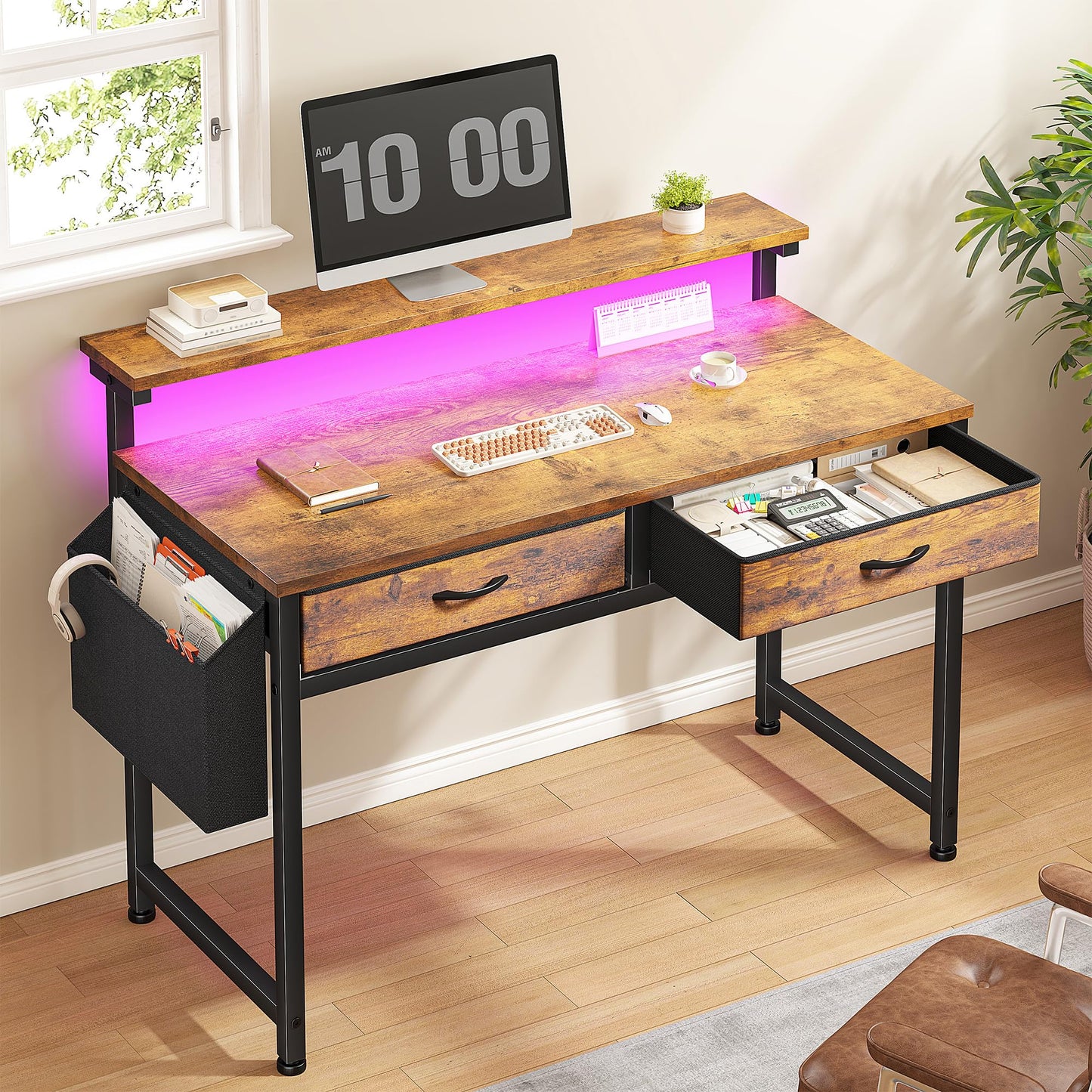 DurayLoly Computer Desk with 2 Drawers & LED Lights