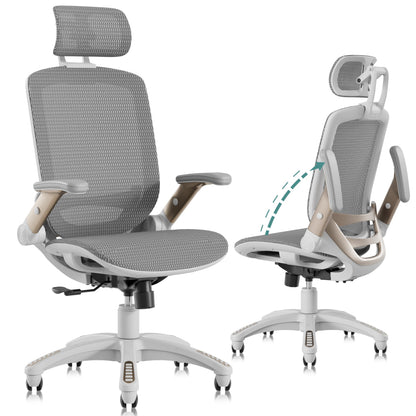 GABRYLLY Ergonomic Office Chair, High Back Mesh Desk Chair with Adjustable Headrest, Flip-Up Arms, Tilt Lock Function, Lumbar Support and Comfy Seat, Swivel Computer Task Chair