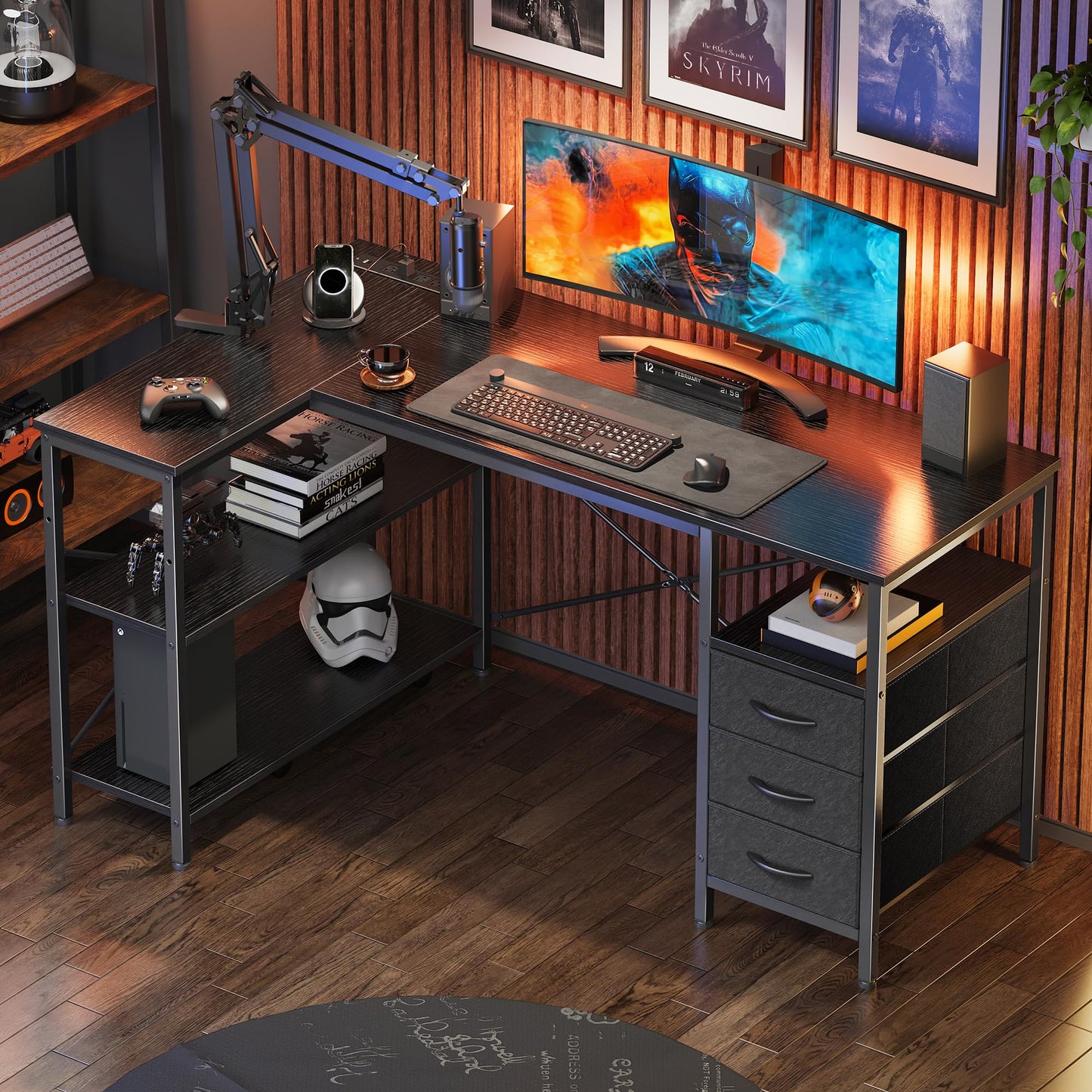 L Shaped Corner Desk with Power Outlets Drawer Shelf Reversible Home Office Computer Desk