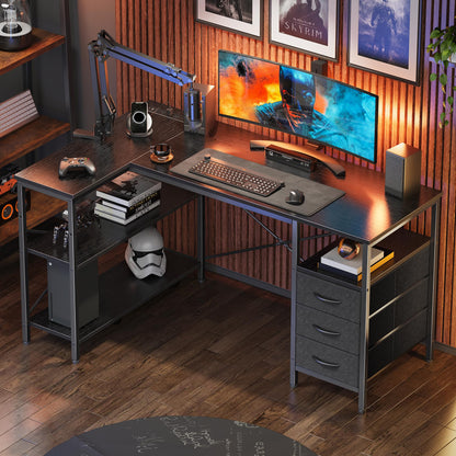 L Shaped Corner Desk with Power Outlets Drawer Shelf Reversible Home Office Computer Desk