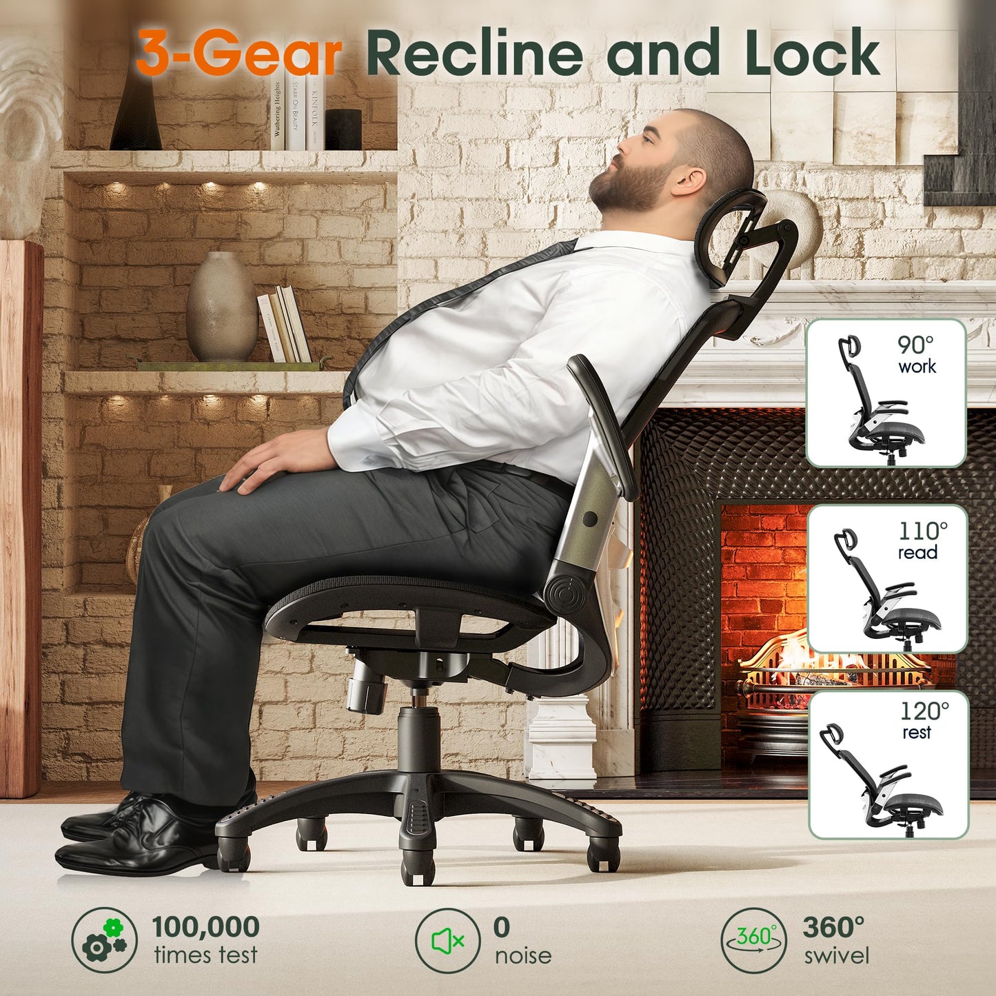 GABRYLLY Ergonomic Office Chair, High Back Mesh Desk Chair with Adjustable Headrest, Flip-Up Arms, Tilt Lock Function, Lumbar Support and Comfy Seat, Swivel Computer Task Chair