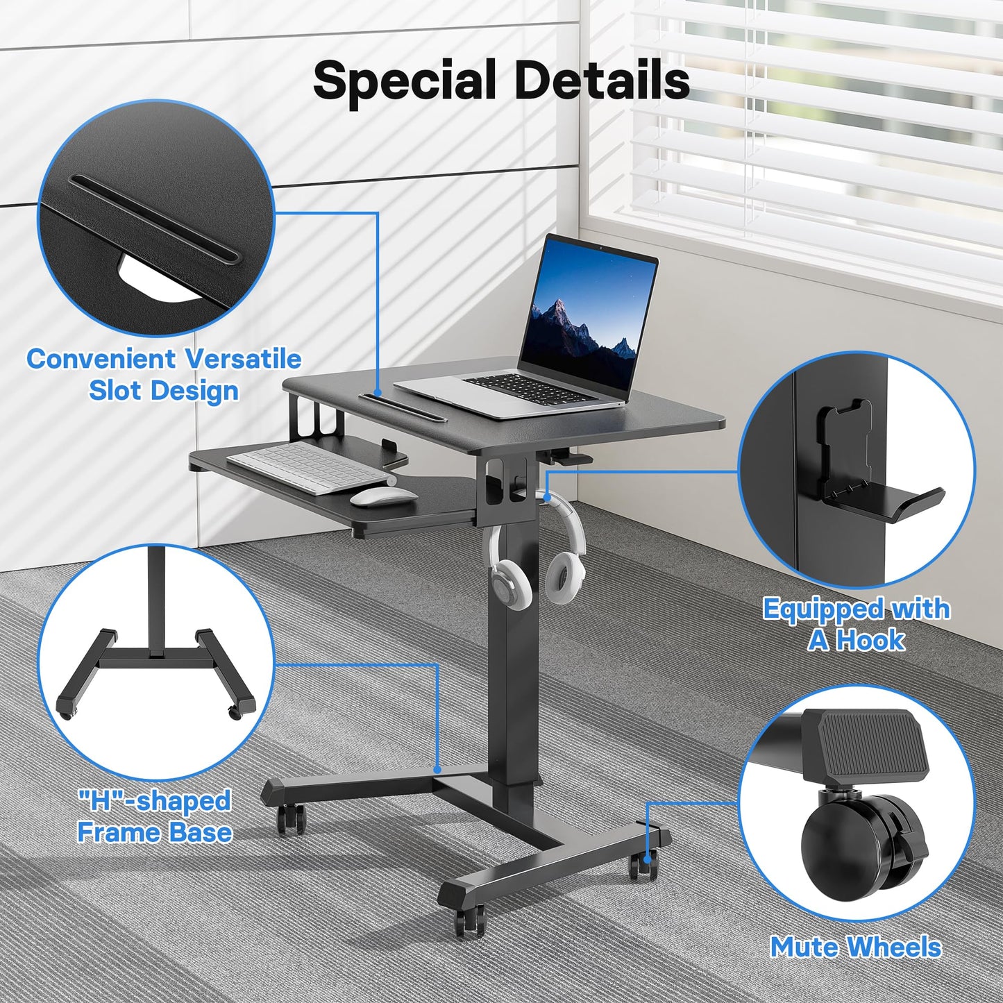 Mobile Standing Desk with Keyboard Tray Rolling Computer Workstation Podium Adjustable Height