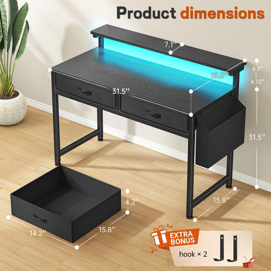 DurayLoly Computer Desk with 2 Drawers & LED Lights
