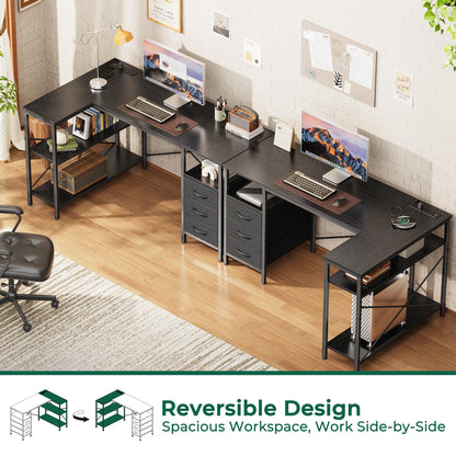 L Shaped Corner Desk with Power Outlets Drawer Shelf Reversible Home Office Computer Desk